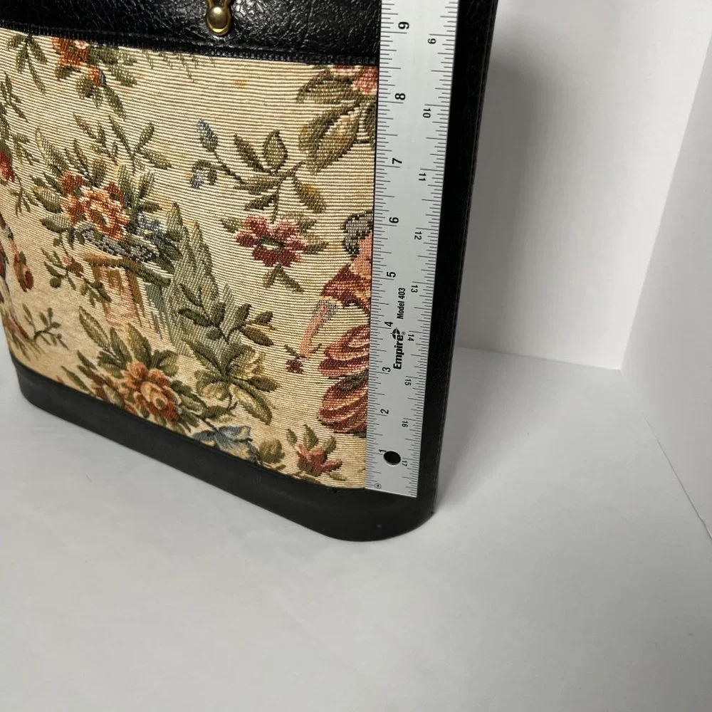 Vintage Handbag‎ Black with Tapestry Front craft bag hard side purse granny bag